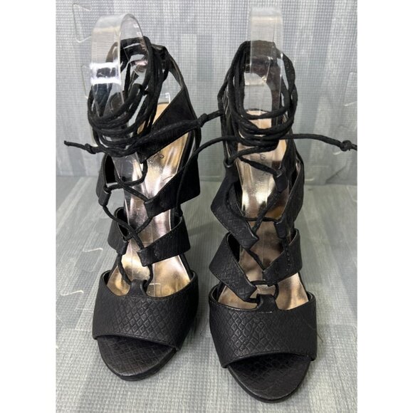 Qupid Gladiator Stiletto Heels Black Women's Size 7 Open Toe Tie Faux Leather - Picture 2 of 11